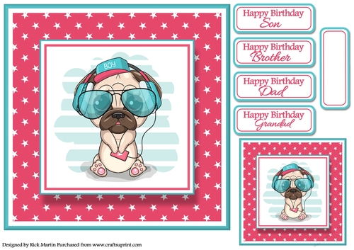 8x8 Cool Dude Dog Card Front / Topper with Gift Tag and Sentiments 