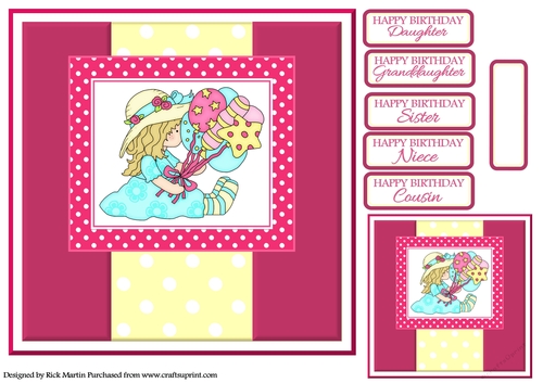 8x8 Birthday Girl with Balloons Card Front / Topper, Gift Tag & Sentiments 