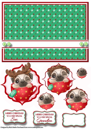 A5 Pug 3 Christmas Fancy Pyramid Stacker with Sentiments