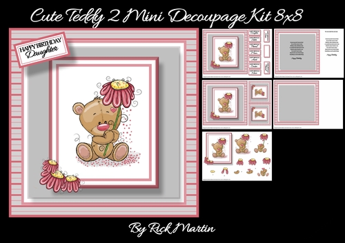 8x8 Cute Teddy 2 Decoupage Mini Kit - x5 A4 Sheets 
