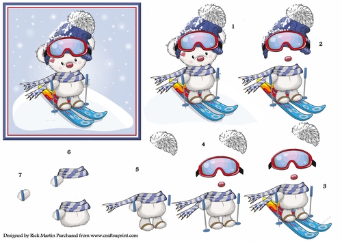 Skiing Teddy 12x12cm Topper and Decoupage  