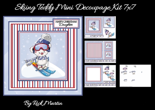 7x7 Skiing Teddy Decoupage Mini Kit - x3 A4 sheets  