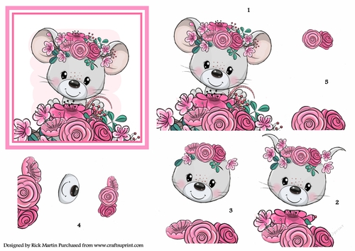 12x12cm Mice & Flowers Decoupage Design Sheet 
