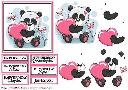 12x12cm Panda Pretty Topper with decoupage and Sentiments 