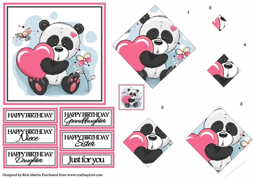 12x12cm Panda Pretty Topper with Diamond Pyramage and Sentiments 