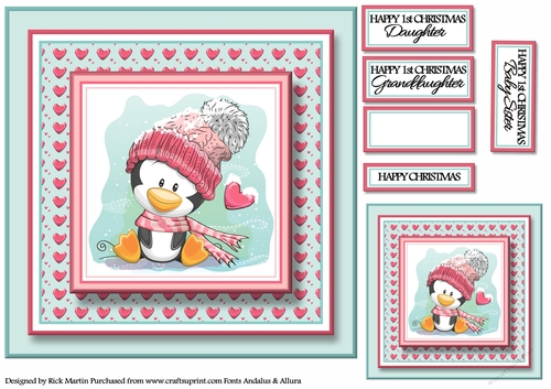 8x8 Christmas Penguin Card Front Blue , Gift Tag & Sentiments 