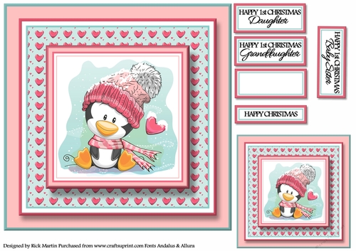 8x8 Christmas Penguin Card Front Pink , Gift Tag & Sentiments 