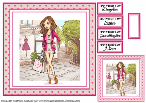 8x8 Shopping Girl Card Front, Gift Tag & Sentiments 