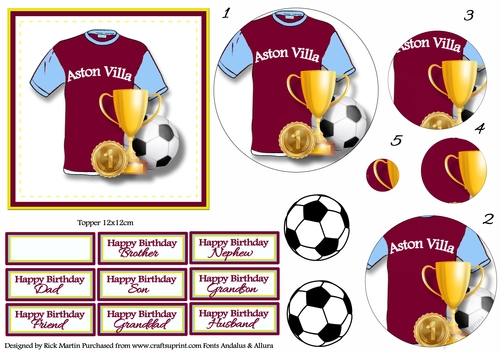 12x12cm Aston Villa Topper with Pyramage & Sentiments 