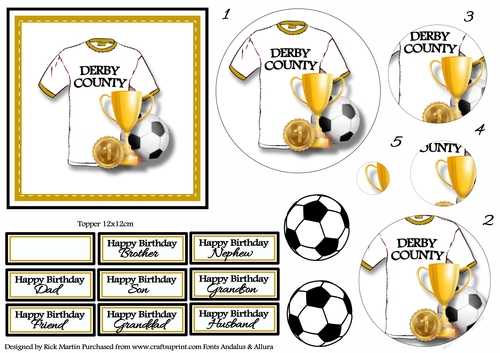12x12cm Derby County Topper with Pyramage & Sentiments 