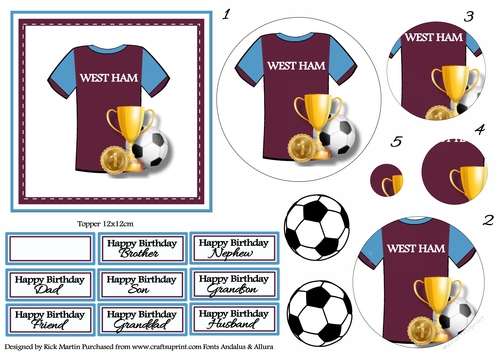 12x12cm West Ham Topper with Pyramage & Sentiments 