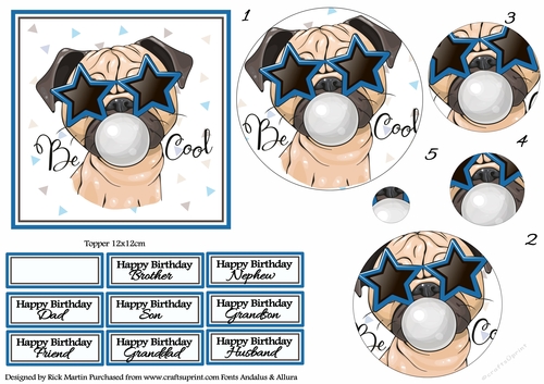 12x12cm Cool Pug - Circle Pyramage with sentiments