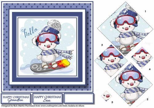 7x7 Snowboarding Ted - Diamond Pyramage with sentiments
