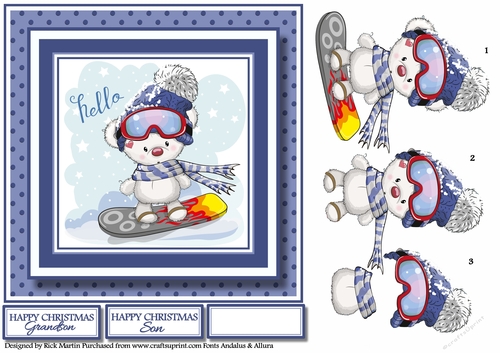 7x7 Snowboarding Ted - Decoupage with sentiments