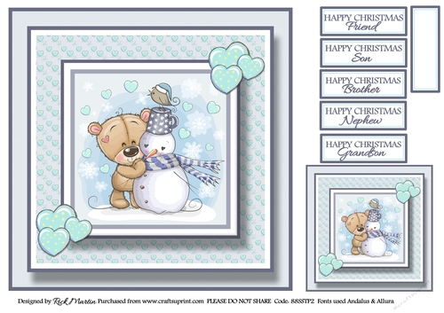 8x8 Christmas Snowman & Teddy Card Front, Gift Tag & Sentiments