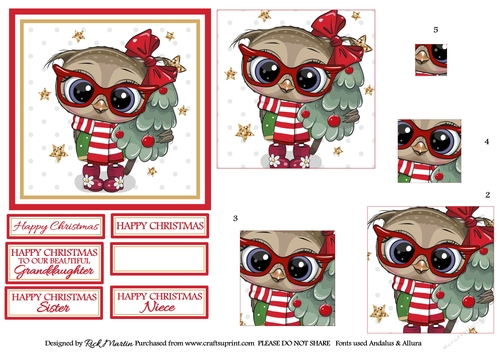 12x12cm Christmas Owl Topper, Square Pyramage & Sentiments 