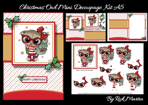 A5 Christmas Owl Card Front, Decoupage & Sentiments Mini Kit 