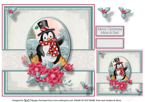 8x8 Happy Chappy Penguin Card Front, Gift Tag & Sentiment with embellishments