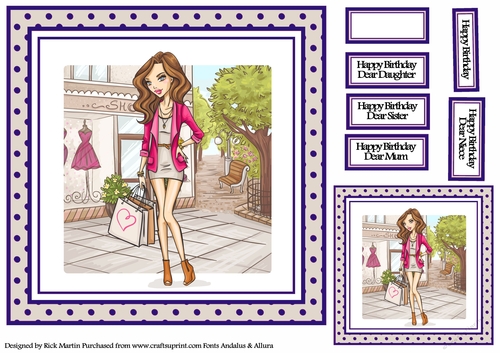 8x8 Shopping Girl Card Front- Blue, Gift Tag & Sentiments 