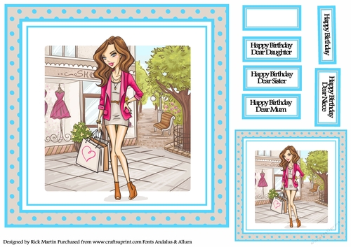 8x8 Shopping Girl Card Front- Turquiose, Gift Tag & Sentiments 