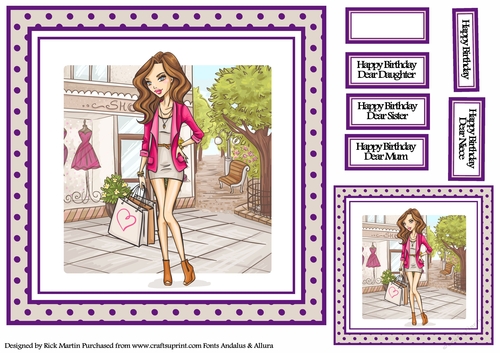 8x8 Shopping Girl Card Front- Purple, Gift Tag & Sentiments 