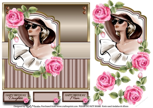 7x7 Lady in Hat with Flowers Card Front, Topper, Decoupage & Sentiments 