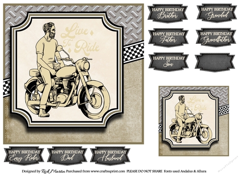 7x7 Live Love Motobike Card Front & Sentiments 