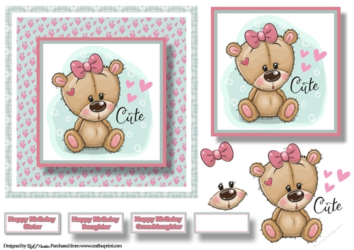 7X7 Sweet Pink Bear Card Front, Topper and Decoupage with Sentiments 