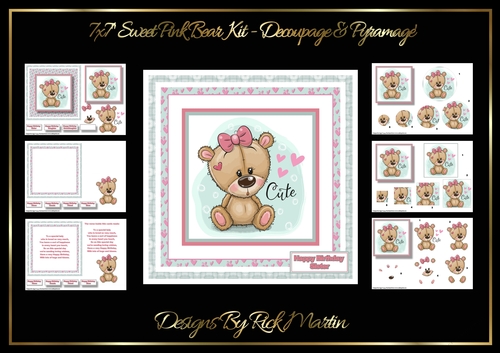 7X7 Sweet Pink Bear Kit - x6 A4 Sheets inc Decoupage and x2 different Pyramage designs