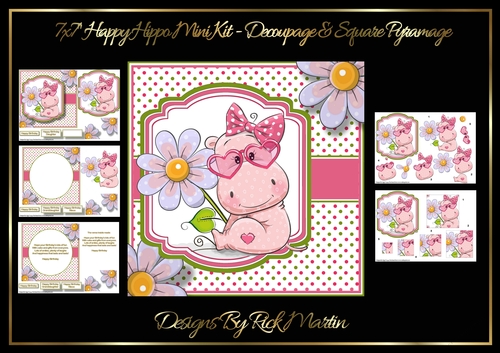 7X7 Happy Hippo Mini Kit - x5 A4 sheets Decoupage & Square Pyramage 