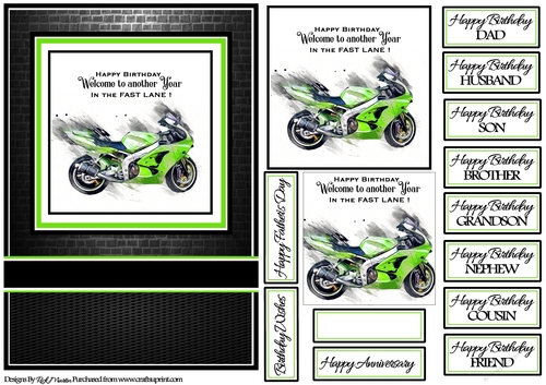 A5 In the fast lane Green Card Front with Toppers and sentiments 
