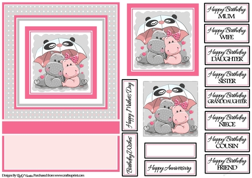 A5 Happy Hippos Card Front with toppers and sentiments 