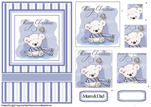 A5 Christmas Snowy White Ted Card Front with Pyramage & Sentiments 