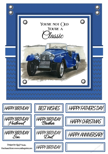 8x8 Blue Classic Car Card Front with sentiments 