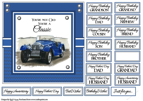 7x7 Blue Classic Car Card Front with sentiments 