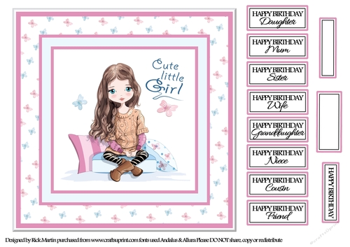 8x8 Cute Little Girl Card Front with sentiments 