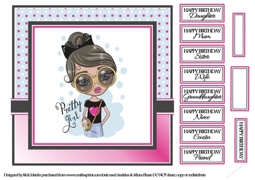 8x8 Pretty Girl Card Front with sentiments 