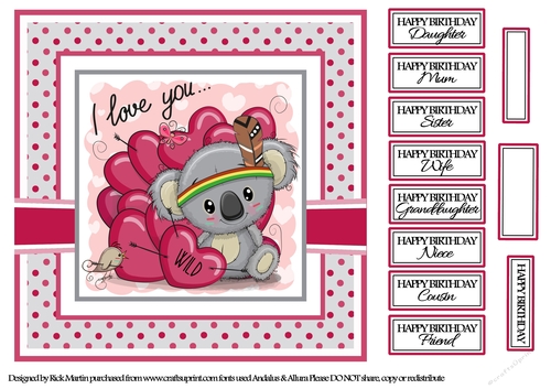 8x8 I Love you Koala Card Front with sentiments 