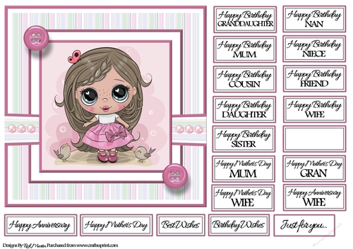 7x7 Pretty Princess Poppit Girl Card Front with sentiments 