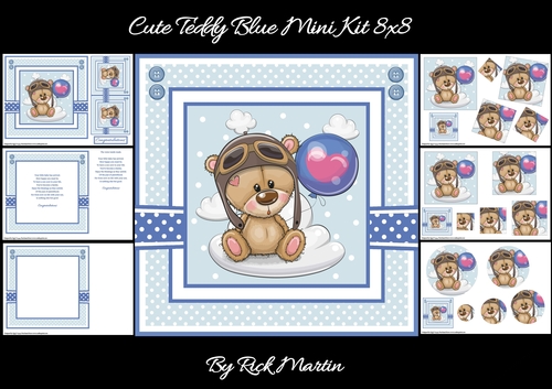 8x8 Cute Teddy Blue Mini Kit - x6 A4 Sheets 