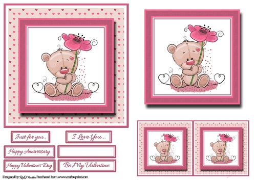 6x6 Teddy with Flowers Card Front, Topper, Gift Card & Sentiments 