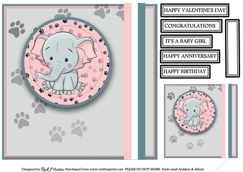 8x8 Fluffy Elephant Card Front, Gift Tag and sentiments 