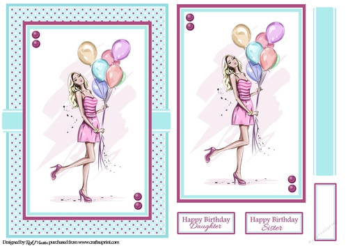 A5 Lady with Balloons 2 Card Front, Topper, Ribbon & Sentiments 