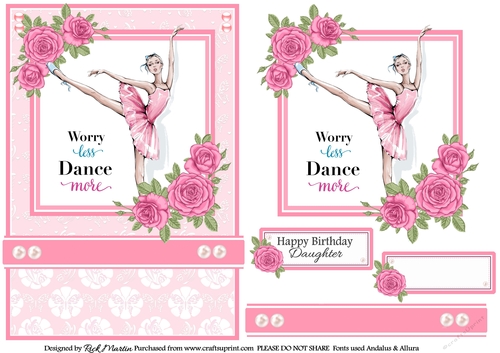 A5 Worry Less Dance More 2 Card Front, Topper and sentiments 