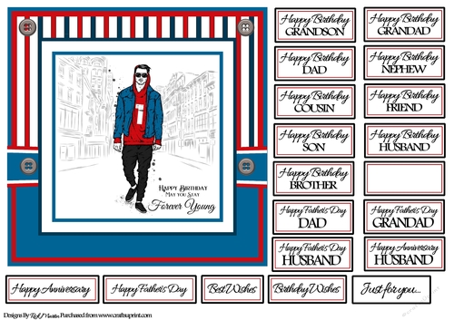 7x7 Forever Young Blue & Red Card Front with sentiments 