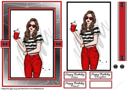 A5 Lady with Red Hearts Sunglasses Card Front Topper and sentiments 