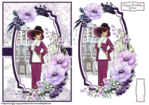 A5 Lady in Purple Card Front with Topper and sentiments 