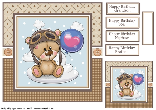 8x8 Flying High Ted Card Front Gift Tag and sentiments 