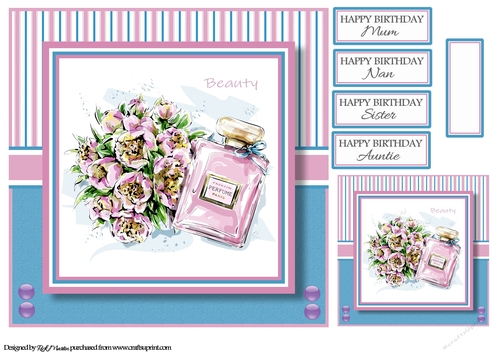 8x8 Beautiful Flowers & Perfume Card Front, Gift Tag & Sentiments 