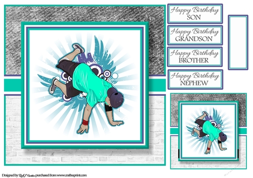 8x8 Breakdancing Dude Card Front Gift Tag & Sentiments 